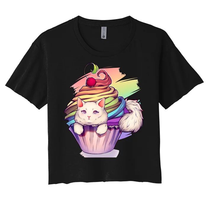 Rainbow Cupcake Kitten Cute Cat Women's Crop Top Tee