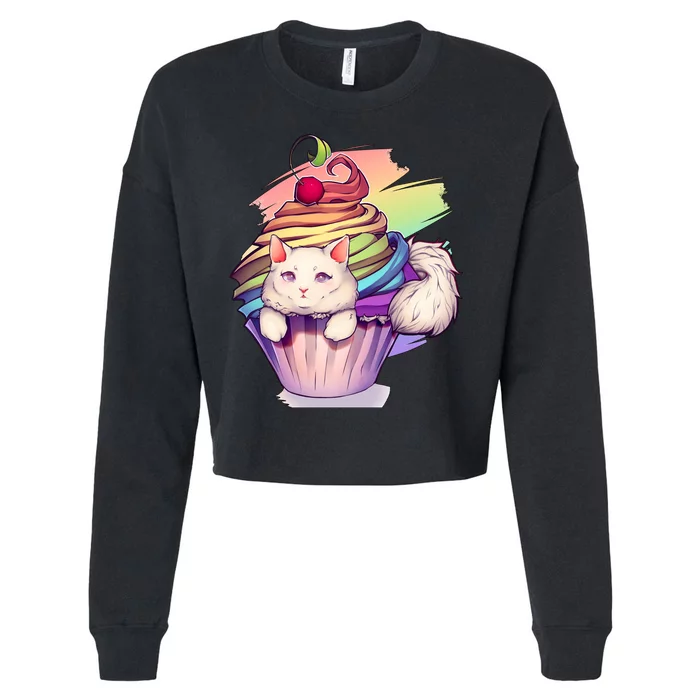 Rainbow Cupcake Kitten Cute Cat Cropped Pullover Crew