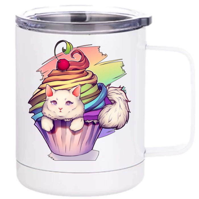 Rainbow Cupcake Kitten Cute Cat Front & Back 12oz Stainless Steel Tumbler Cup