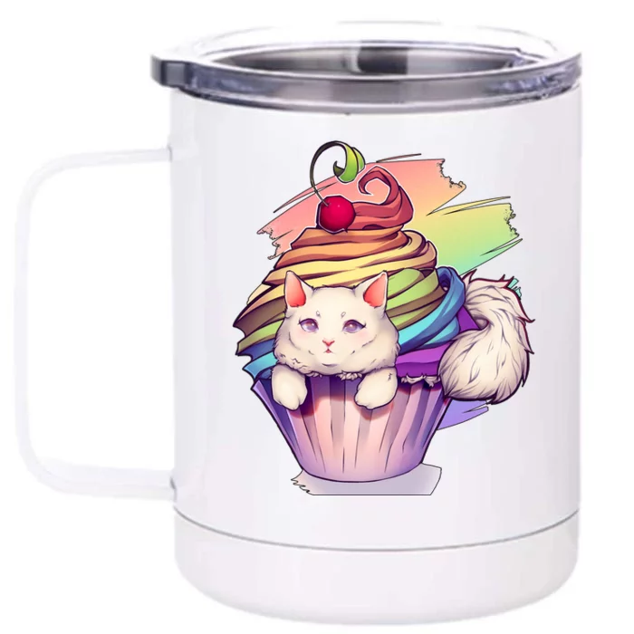 Rainbow Cupcake Kitten Cute Cat Front & Back 12oz Stainless Steel Tumbler Cup