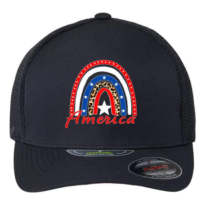 Rainbow Leopard American Flag 4th of July Flexfit Unipanel Trucker Cap