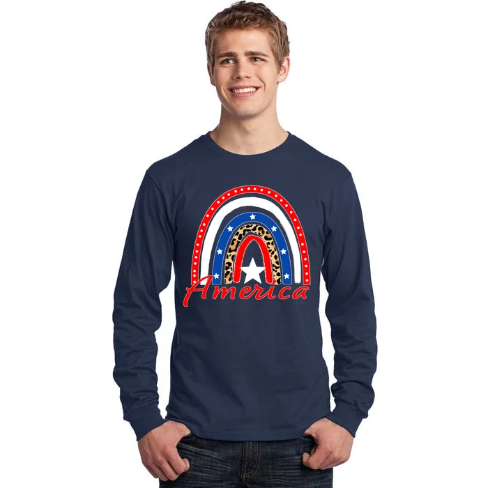 Rainbow Leopard American Flag 4th of July Tall Long Sleeve T-Shirt