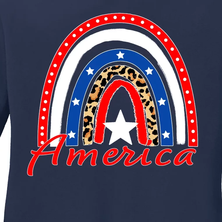 Rainbow Leopard American Flag 4th of July Ladies Long Sleeve Shirt