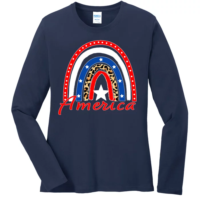 Rainbow Leopard American Flag 4th of July Ladies Long Sleeve Shirt