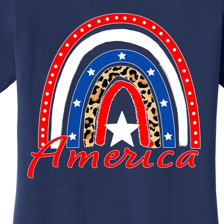 Rainbow Leopard American Flag 4th of July Women's T-Shirt