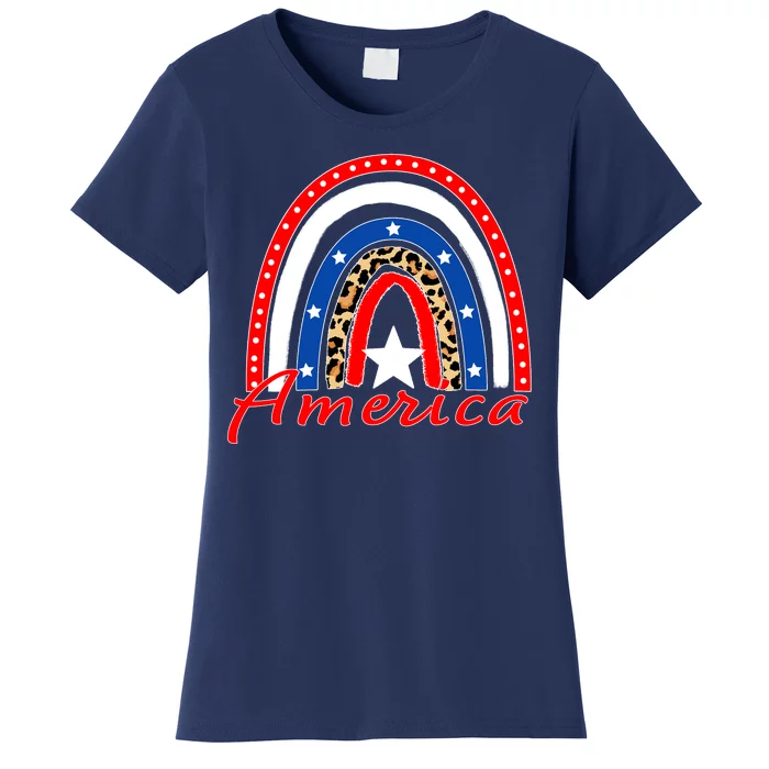 Rainbow Leopard American Flag 4th of July Women's T-Shirt