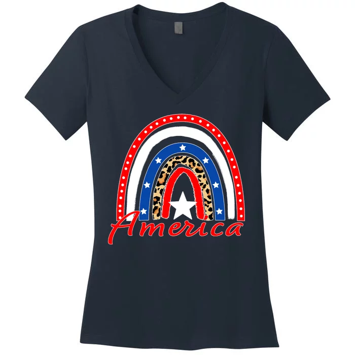 Rainbow Leopard American Flag 4th of July Women's V-Neck T-Shirt