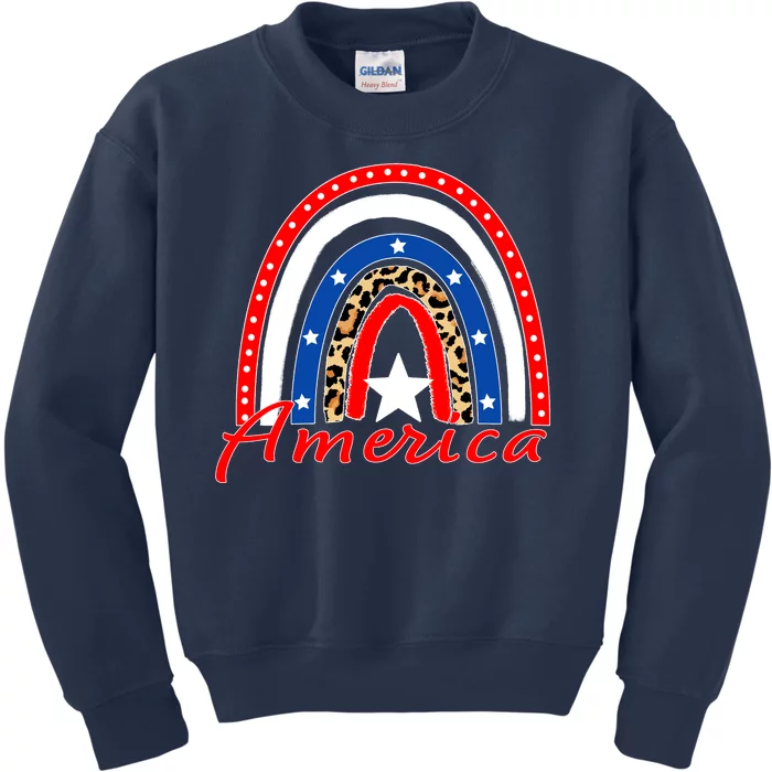 Rainbow Leopard American Flag 4th of July Kids Sweatshirt