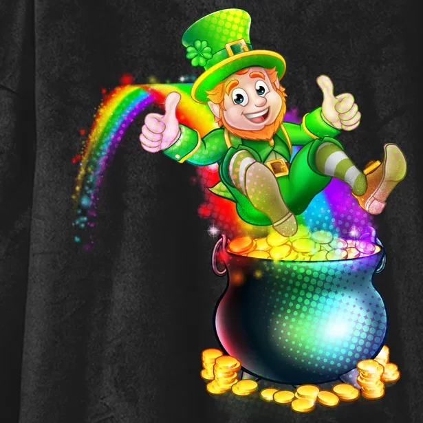 Rainbow Leprechaun Sliding Into A Pot Of  Gold Hooded Wearable Blanket