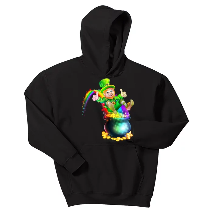 Rainbow Leprechaun Sliding Into A Pot Of  Gold Kids Hoodie