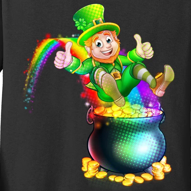 Rainbow Leprechaun Sliding Into A Pot Of  Gold Kids Long Sleeve Shirt