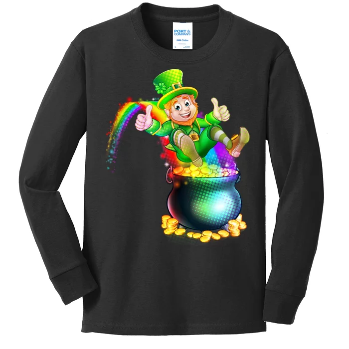 Rainbow Leprechaun Sliding Into A Pot Of  Gold Kids Long Sleeve Shirt