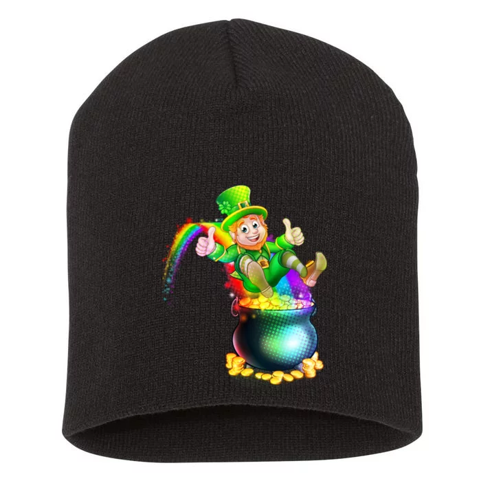 Rainbow Leprechaun Sliding Into A Pot Of  Gold Short Acrylic Beanie