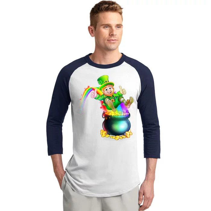 Rainbow Leprechaun Sliding Into A Pot Of  Gold Baseball Sleeve Shirt