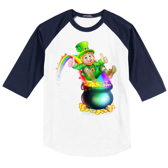 Rainbow Leprechaun Sliding Into A Pot Of  Gold Baseball Sleeve Shirt