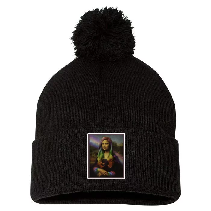 Rainbow Mona Lisa Art Painting Pom Pom 12in Knit Beanie