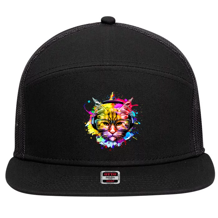 Rainbow Paint Hipster DJ Cat 7 Panel Mesh Trucker Snapback Hat