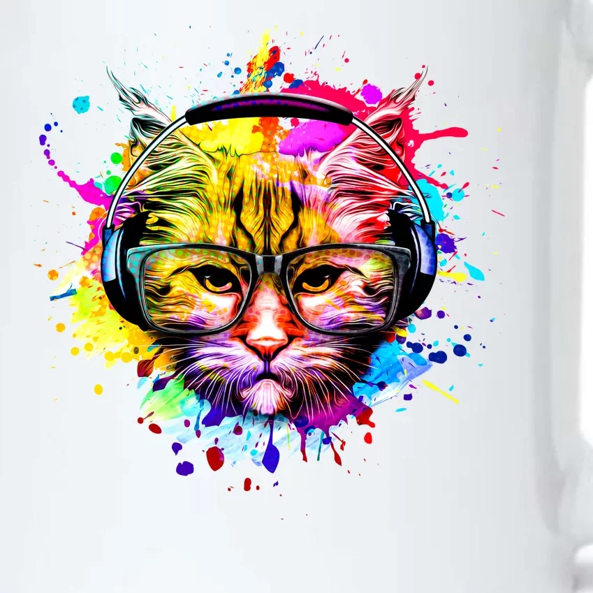 Rainbow Paint Hipster DJ Cat Black Color Changing Mug