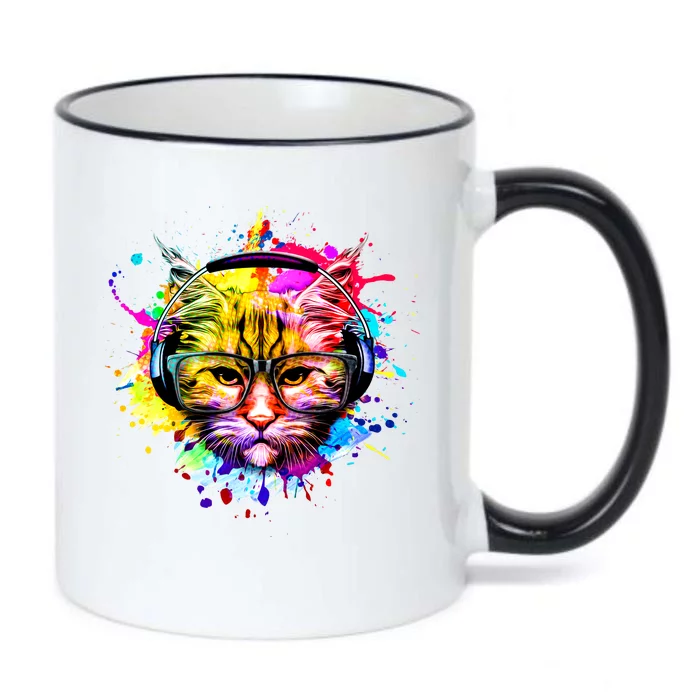 Rainbow Paint Hipster DJ Cat Black Color Changing Mug