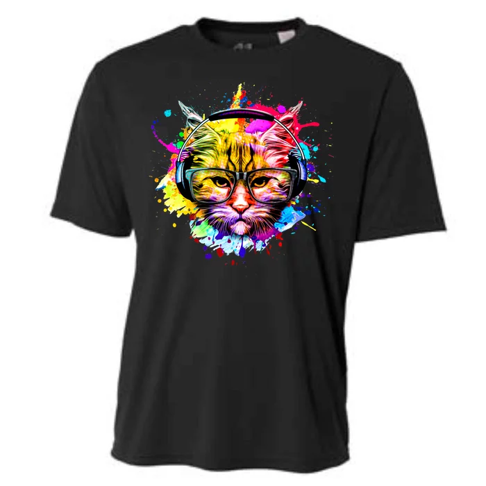 Rainbow Paint Hipster DJ Cat Cooling Performance Crew T-Shirt