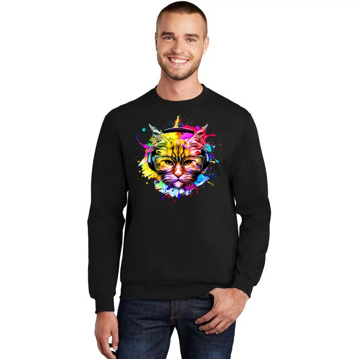 Rainbow Paint Hipster DJ Cat Sweatshirt