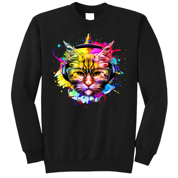 Rainbow Paint Hipster DJ Cat Sweatshirt