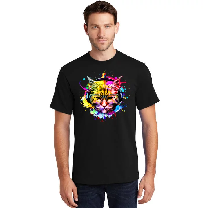 Rainbow Paint Hipster DJ Cat Tall T-Shirt