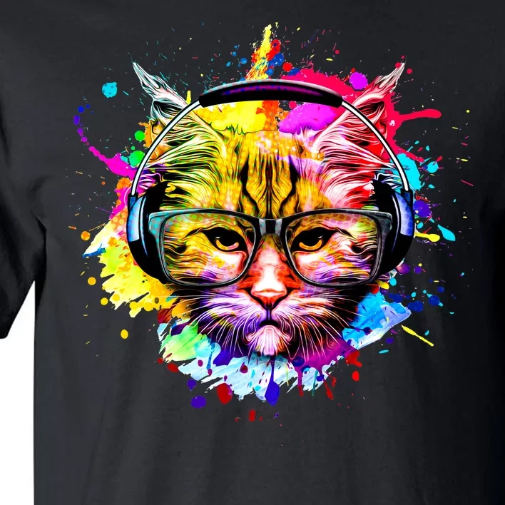 Rainbow Paint Hipster DJ Cat Tall T-Shirt