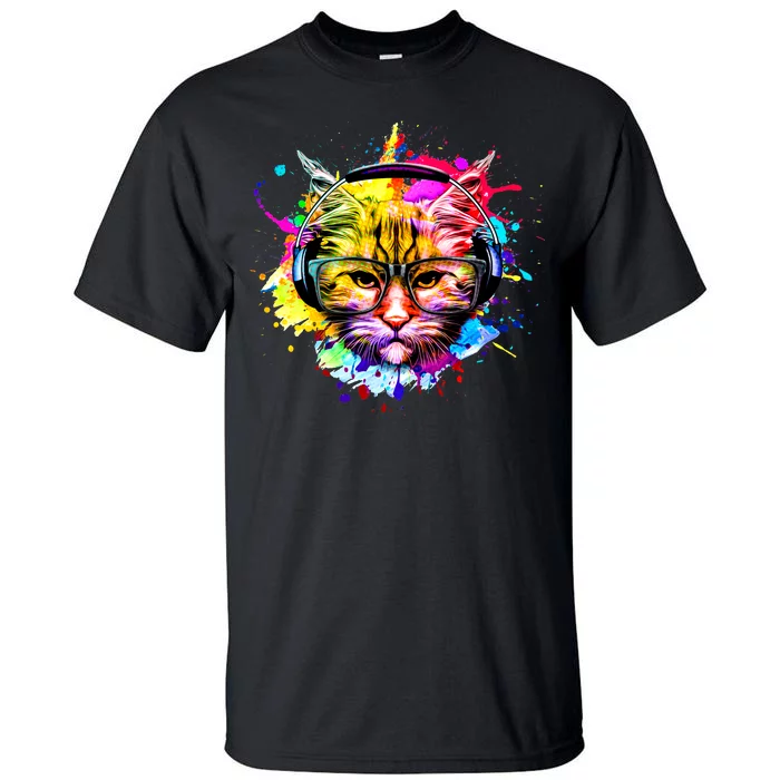 Rainbow Paint Hipster DJ Cat Tall T-Shirt