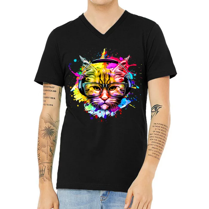 Rainbow Paint Hipster DJ Cat V-Neck T-Shirt