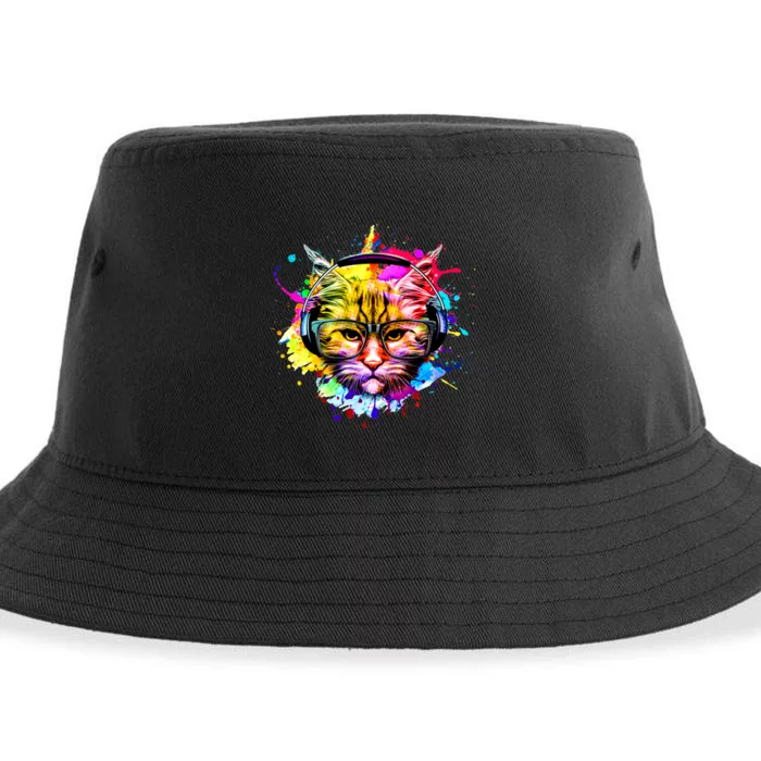 Rainbow Paint Hipster DJ Cat Sustainable Bucket Hat