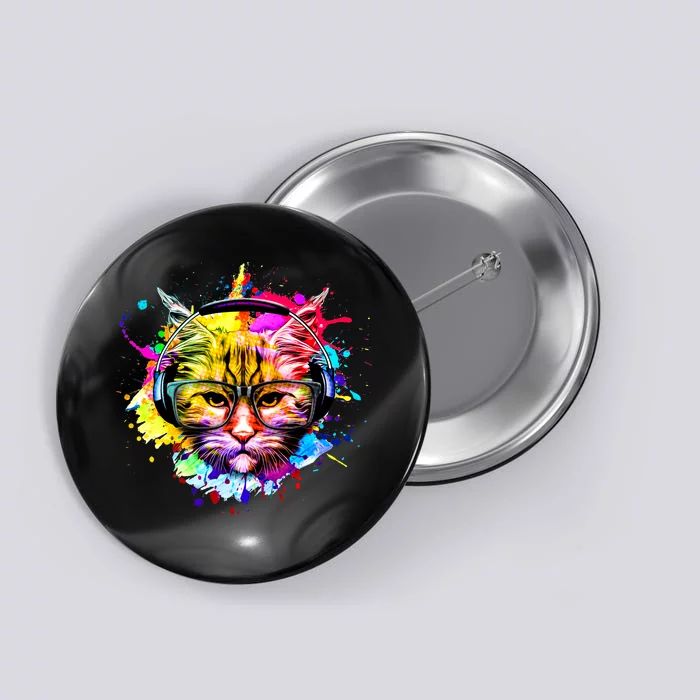 Rainbow Paint Hipster DJ Cat Button