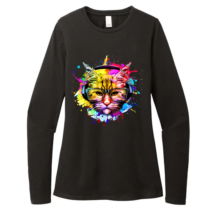 Rainbow Paint Hipster DJ Cat Womens CVC Long Sleeve Shirt