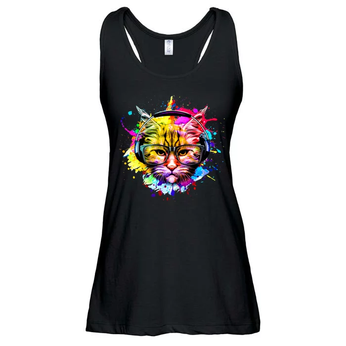 Rainbow Paint Hipster DJ Cat Ladies Essential Flowy Tank