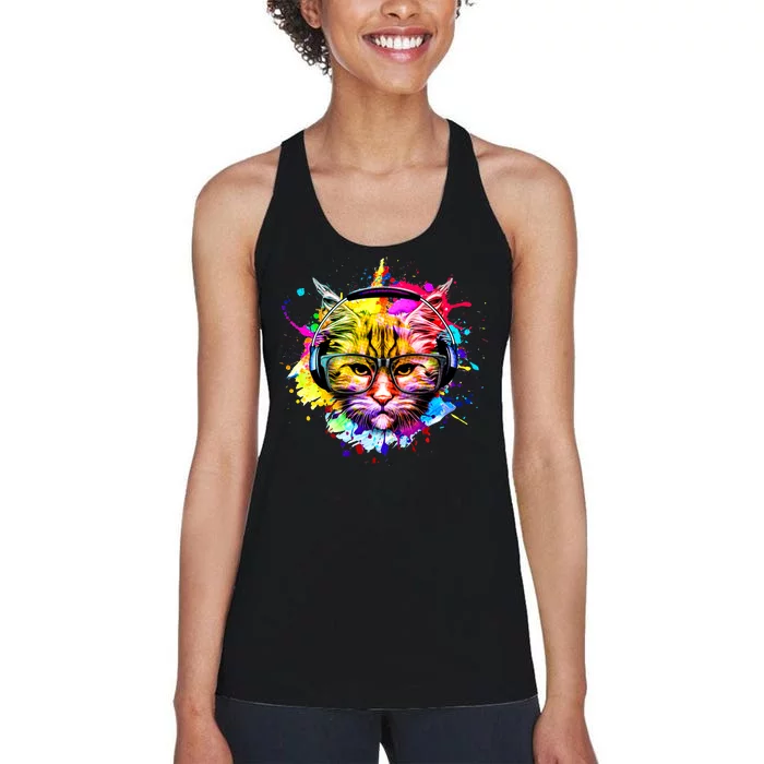 Rainbow Paint Hipster DJ Cat Women's Racerback Tank