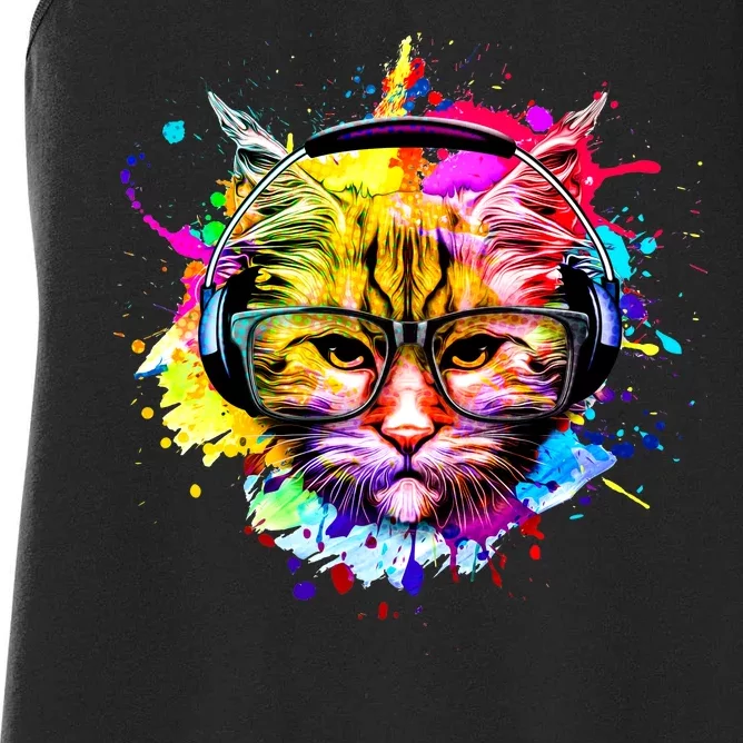 Rainbow Paint Hipster DJ Cat Women's Racerback Tank