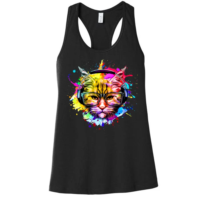 Rainbow Paint Hipster DJ Cat Women's Racerback Tank