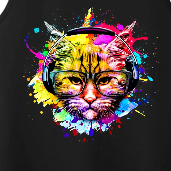 Rainbow Paint Hipster DJ Cat Performance Tank