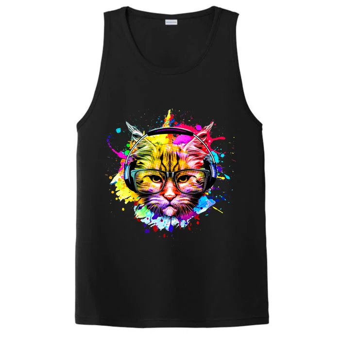 Rainbow Paint Hipster DJ Cat Performance Tank