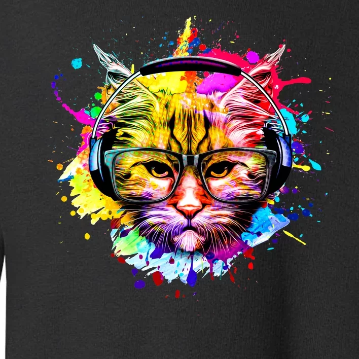 Rainbow Paint Hipster DJ Cat Toddler Sweatshirt