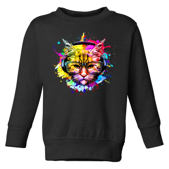 Rainbow Paint Hipster DJ Cat Toddler Sweatshirt