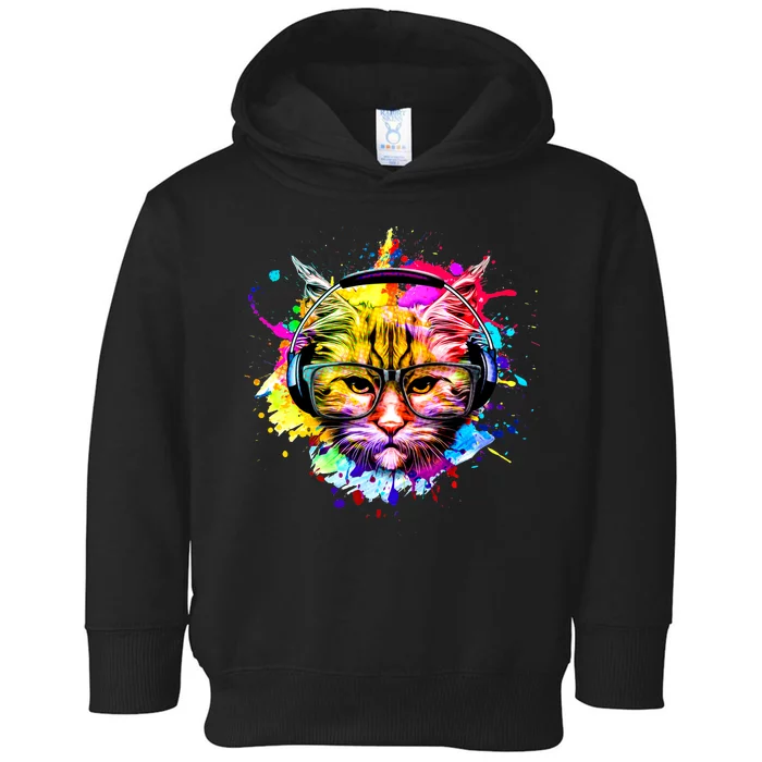 Rainbow Paint Hipster DJ Cat Toddler Hoodie