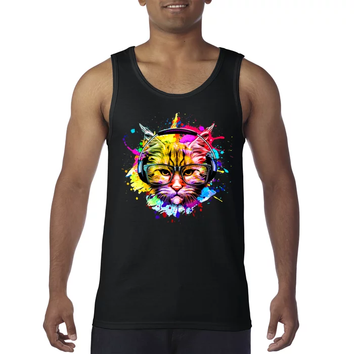 Rainbow Paint Hipster DJ Cat Tank Top