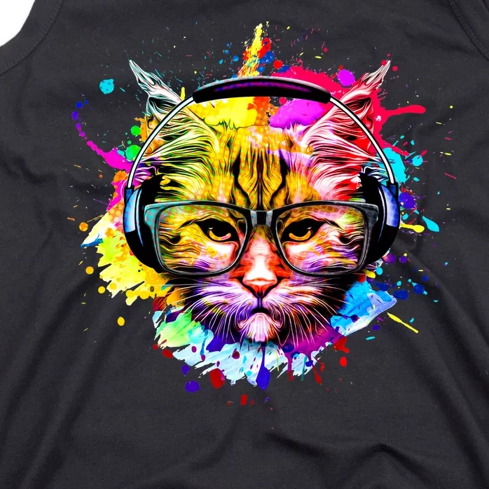 Rainbow Paint Hipster DJ Cat Tank Top