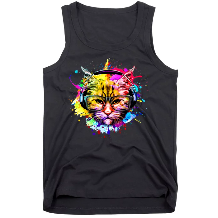 Rainbow Paint Hipster DJ Cat Tank Top