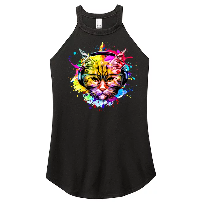 Rainbow Paint Hipster DJ Cat Women’s Perfect Tri Rocker Tank