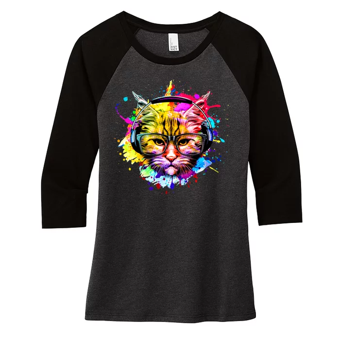 Rainbow Paint Hipster DJ Cat Women's Tri-Blend 3/4-Sleeve Raglan Shirt