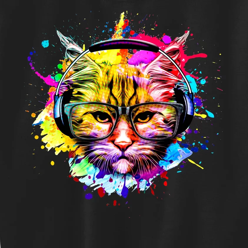 Rainbow Paint Hipster DJ Cat Kids Sweatshirt