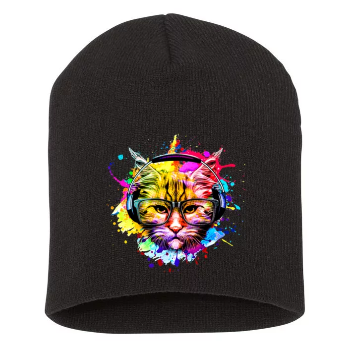 Rainbow Paint Hipster DJ Cat Short Acrylic Beanie