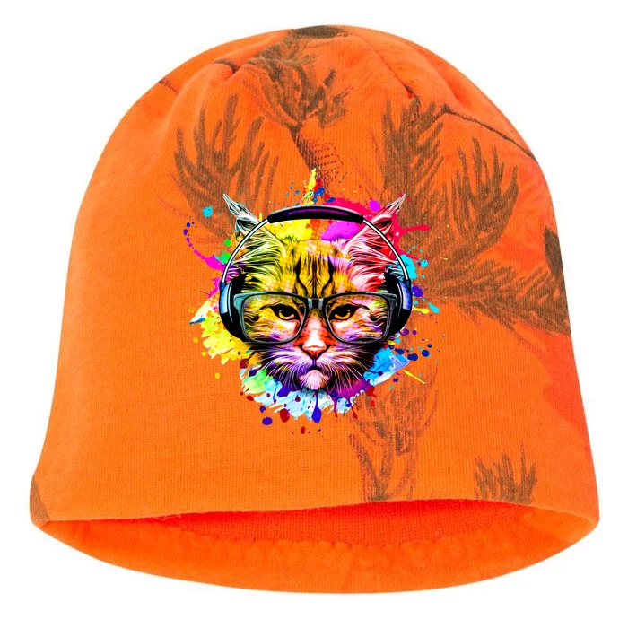 Rainbow Paint Hipster DJ Cat Kati - Camo Knit Beanie